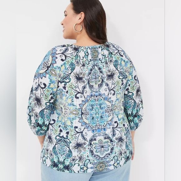 Lane Bryant Size 26/28 (4X) 3/4 Sleeve Notch Neck Tie Front Blouse Blue Geo Flor - Picture 3 of 11